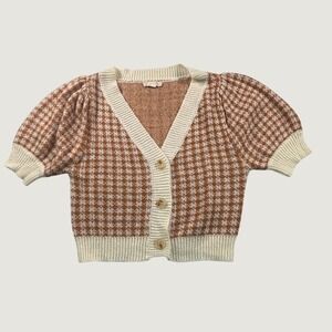 Endless Blu Womens Small Orange Gingham Knit Short Puff Sleeve Cardigan Sweater